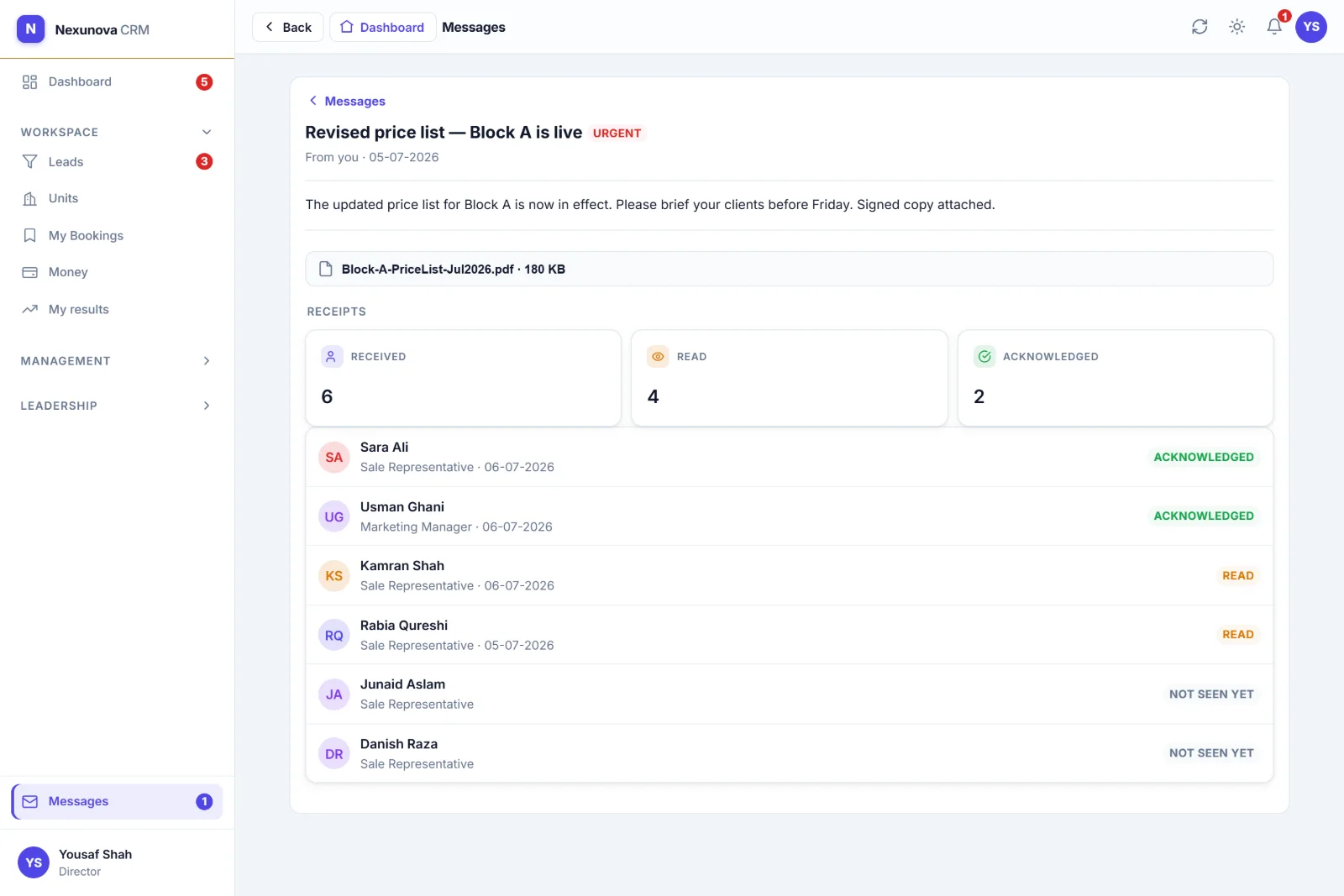 Announcement with PDF attachment and per-person read receipts