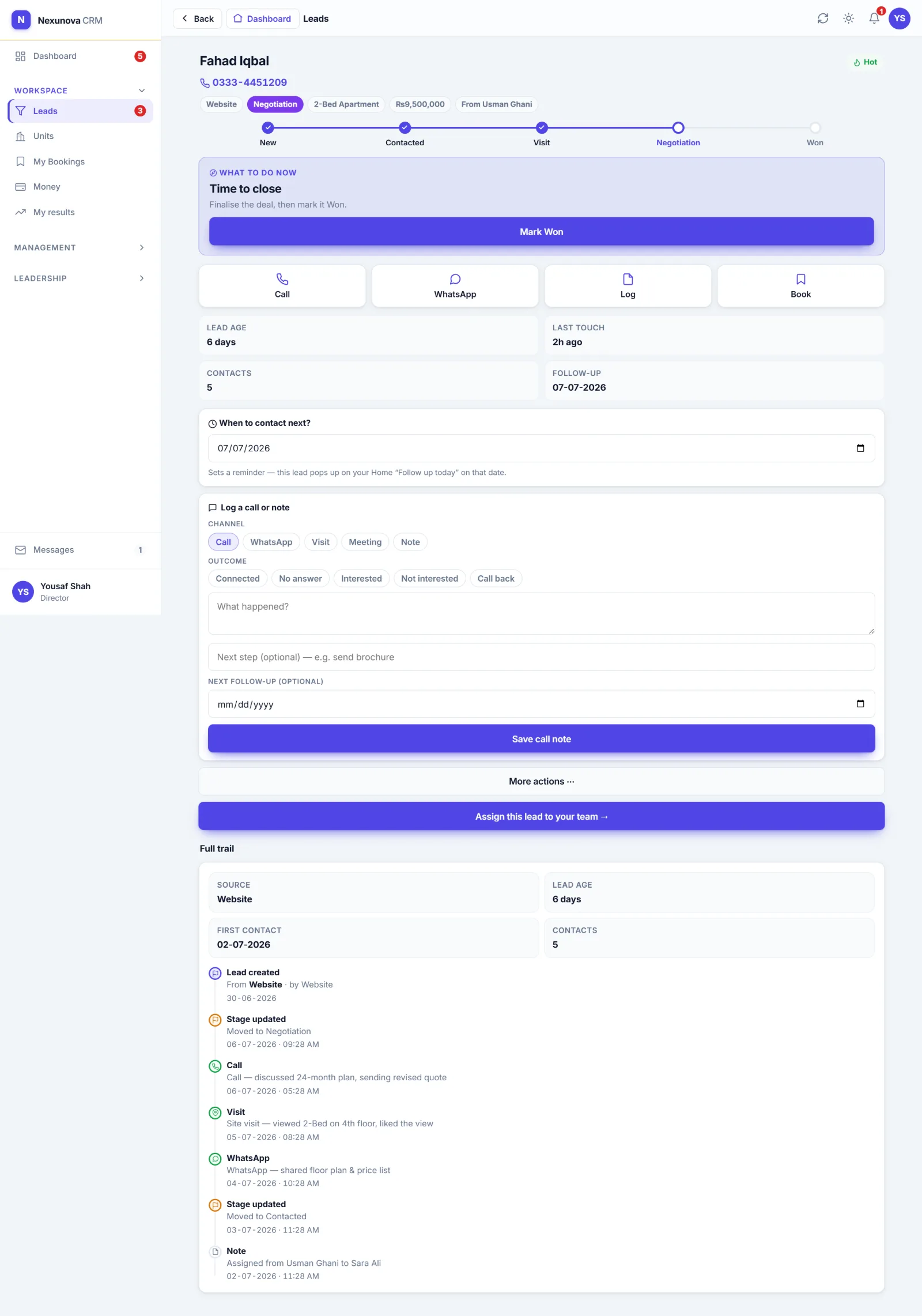 Lead detail with deal stage journey, next-action guidance and full activity timeline