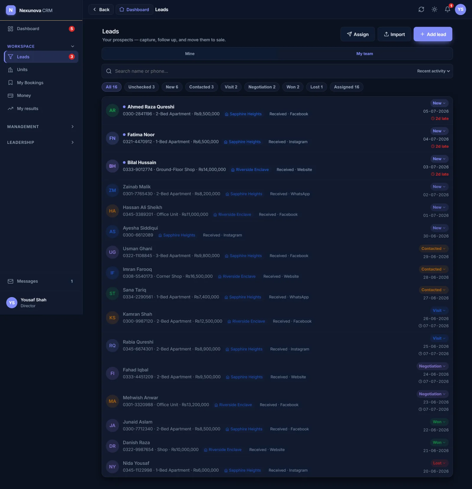 Sales pipeline with stage-chip filters and lead cards showing source, project and value